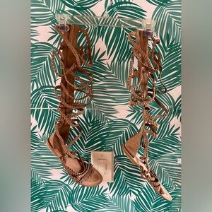 ASOS Gladiator Sandals tan braided Guc sz 5 made in India zipper up the calf